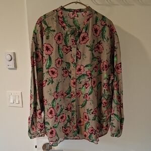 Linen & Cotton Green & Pink Hibiscus/Hawaiian Floral Button-Up Blouse (Size XL)